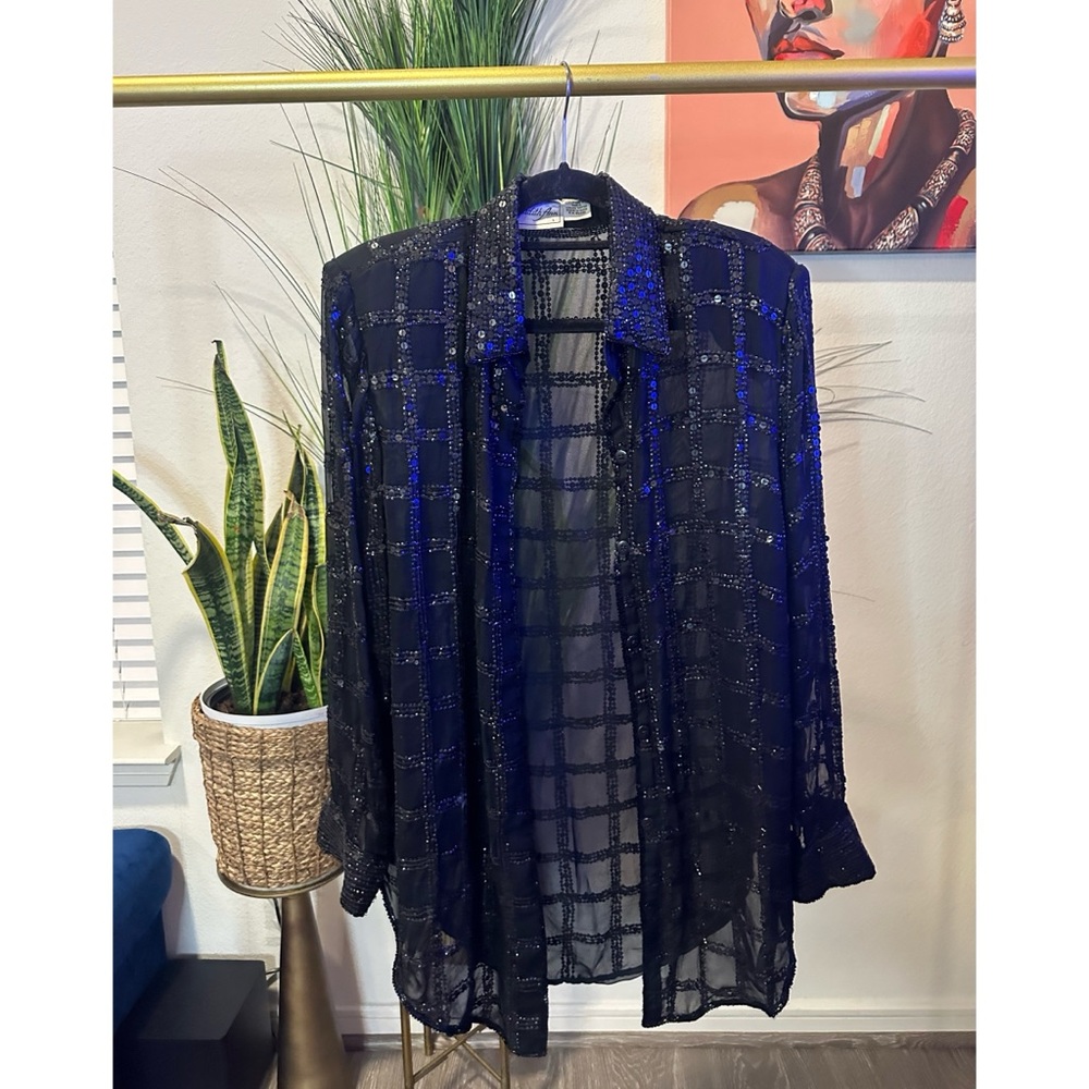 Vintage 80s Judith Ann 100% Silk Sheer Sequin Button Up Blouse - Size Large